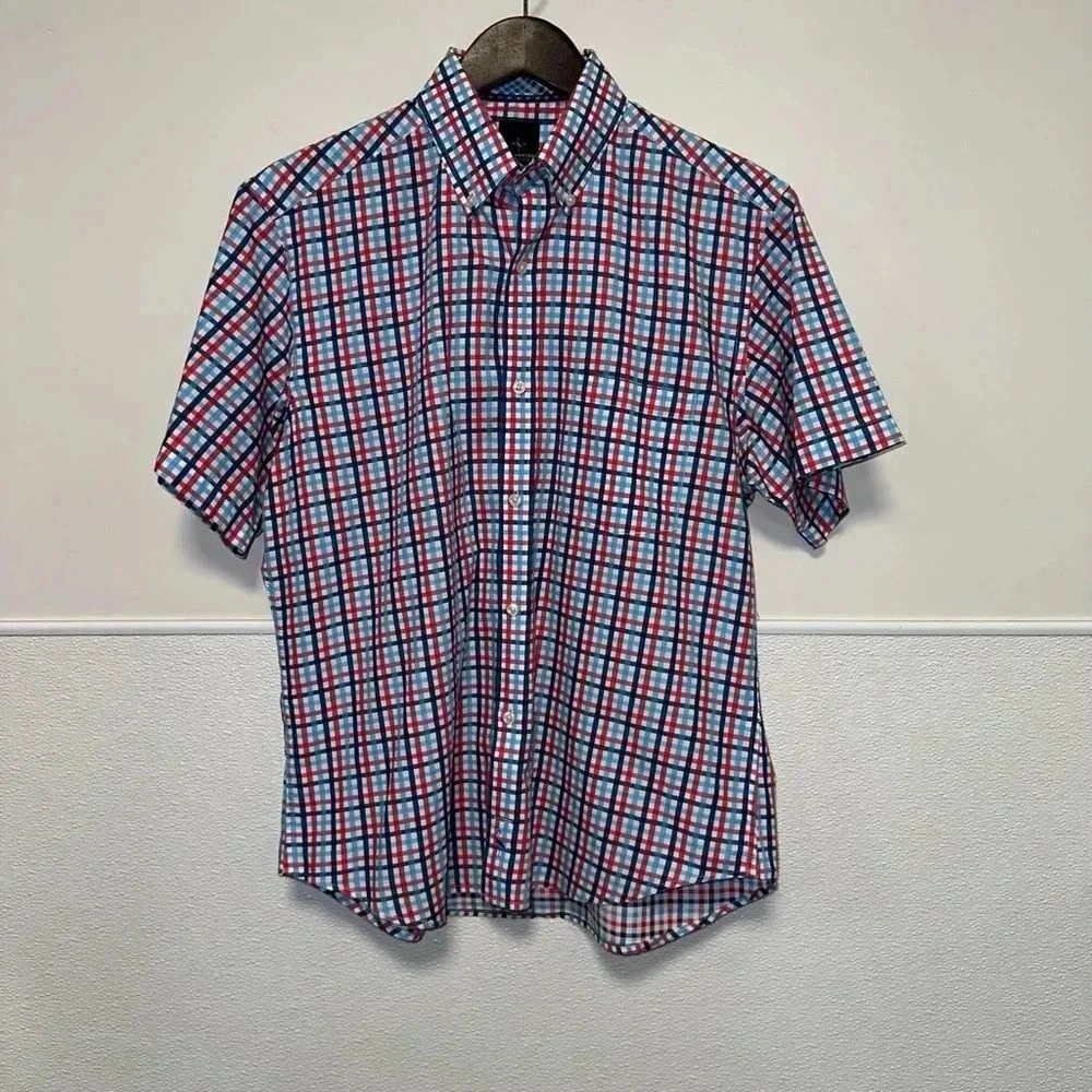 TAILORBYRD Button-Down Short Sleeve Shirt Men's Size Medium Plaid 100% Cotton